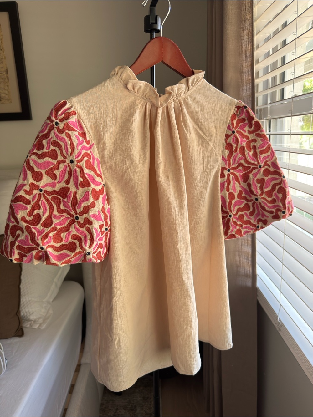 entro Cream Blouse with Pink & orange Embroidered Puff Sleeves